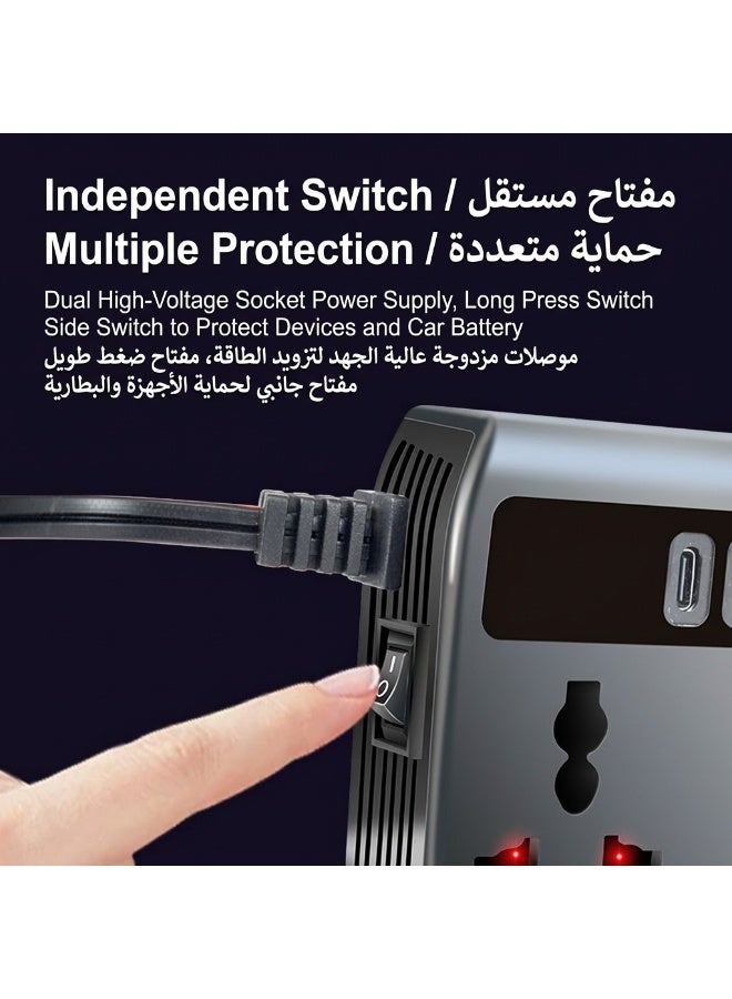 محول طاقة سيارة ذكي 200 واط أسود | 12 فولت/24 فولت إلى 220 فولت، شاشة رقمية بأضواء ليد متعددة الألوان، 9 منافذ شحن، عالمي لجميع السيارات، حماية متعددة ومفتاح مستقل 🇸🇦 - Image 5